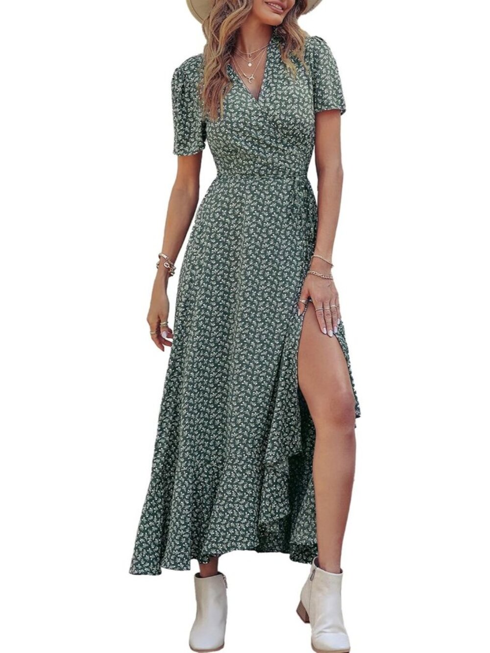 Women's Dark Green Floral V Neck Casual Short Sleeve Pull On Zipper Maxi Dresses